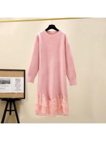 Outlet Autumn winter new stylish thin long sweater splicing lace knit dress