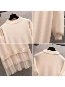 Outlet winter fashion new thin pearls long sweater splicing chiffon knit dress