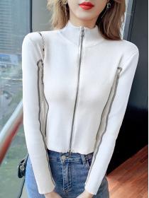 For Sale Zipper Matching Pure Color Knitting Top