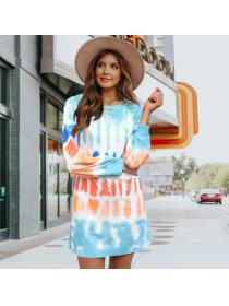 Outlet Casual loose round collar long sleeve tie-dye printing  hoodie dress temperament skirt