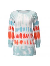 Outlet Casual loose round collar long sleeve tie-dye printing  hoodie dress temperament skirt