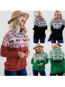 Outlet Winter new long-sleeved High-neck pullover Christmas print casual fleece top