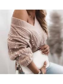Outlet Autumn new irregular single shoulder long-sleeved V-neck sexy pearl pullover for women
