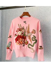 Outlet Autumn and winter new style nail bead flower bird embroidery round-neck long-sleeved sweater