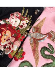 Outlet Autumn and winter new style nail bead flower bird embroidery round-neck long-sleeved sweater