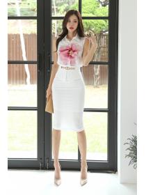 Outlet Korean fashion slim sleeveless printed shirt + highwaist hip-full half skirt
