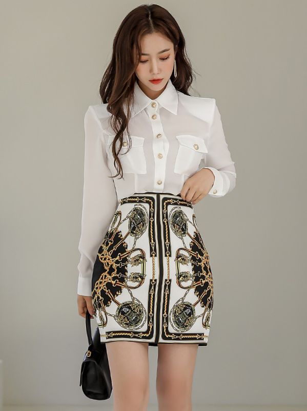 Outlet Doll Collars Pure Color Top+Slim Printing Skirt