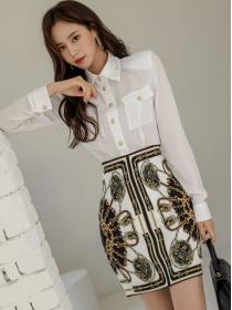 Outlet Doll Collars Pure Color Top+Slim Printing Skirt 