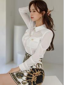 Outlet Doll Collars Pure Color Top+Slim Printing Skirt 