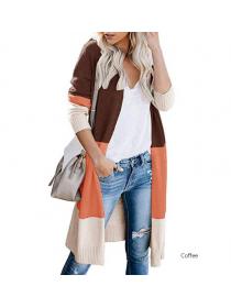 Outlet Autumn and winter long knitted sweater rainbow splicing stripe cardigan sweater coat 