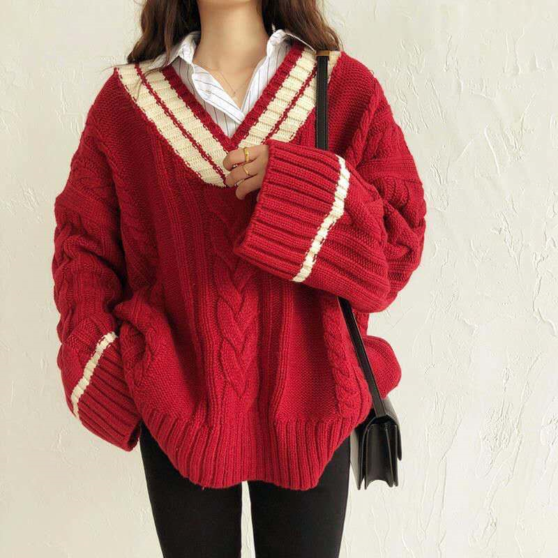 Outlet Korean style V-neck lazy sweater loose twist coat for women