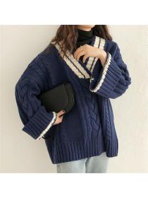 Outlet Korean style V-neck lazy sweater loose twist coat for women