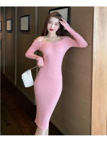 Outlet Package hip sexy knitted dress long sleeve bottoming long dress