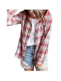 Outlet Autumn/winter new plaid hoodie single-breasted casual blouse