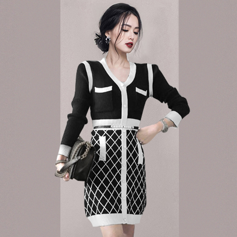 Outlet Fashion mixed colors knitted temperament dress for women