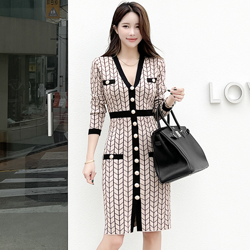 Outlet Slim Korean style geometry pattern slit dress for women