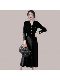 Outlet V-neck pure single-breasted temperament dress for women