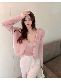Outlet Pink knitted cardigan outside the ride vest 2pcs set