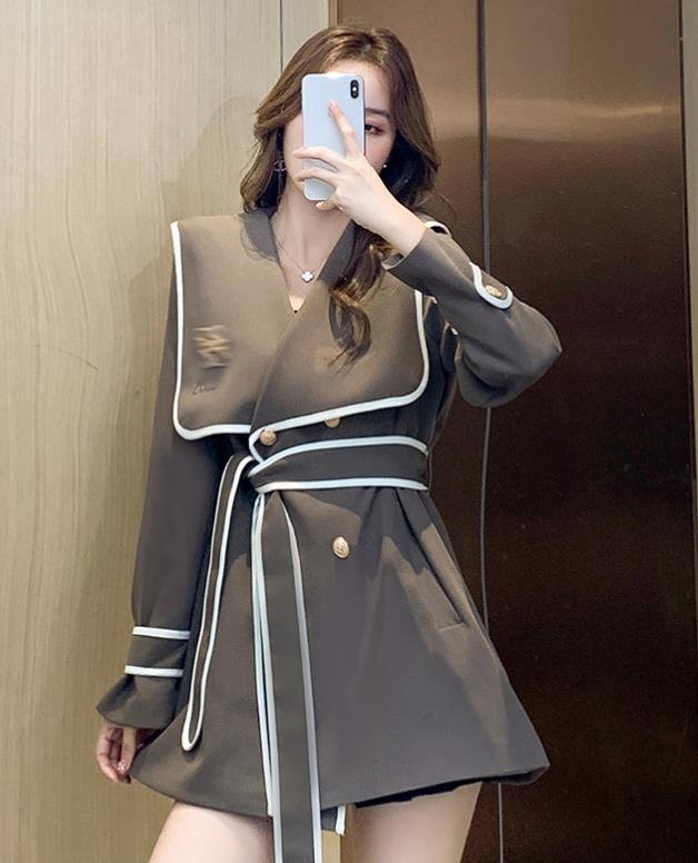 Korean Styke Show Waist Color Matching Long Coat