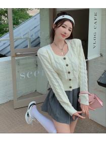 Outlet Square collar short weave cardigan retro twist tops