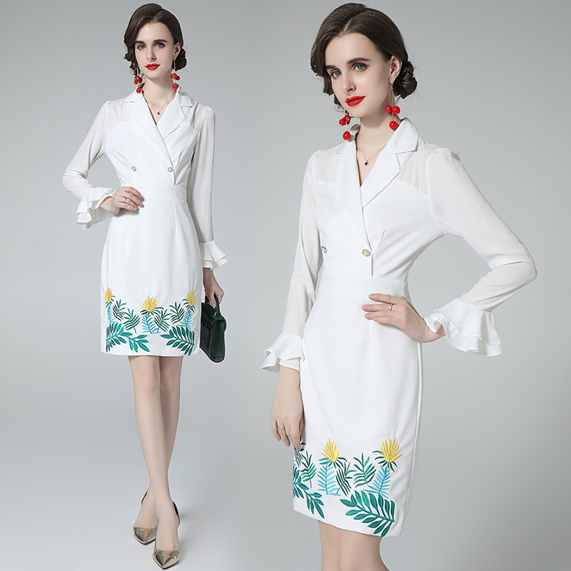 Outlet Long sleeve temperament embroidery white dress for women