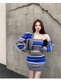 Outlet Package hip stripe skirt knitted retro cardigan a set