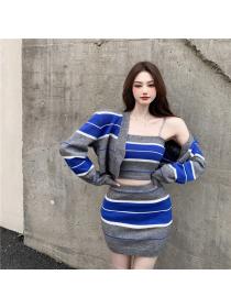 Outlet Package hip stripe skirt knitted retro cardigan a set