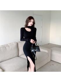 Outlet Slim long sleeve clavicle knitwear retro dress