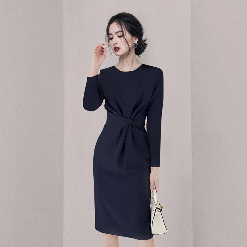 Outlet Slim blue package hip long sleeve pinched waist dress