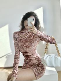 Outlet Bottoming velvet fold leopard package hip dress