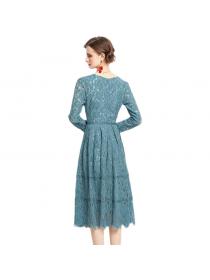 Outlet Autumn fashion temperament pinched waist lace V-neck dress