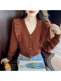 Outlet Autumn long sleeve short tops wood ear slim sweater