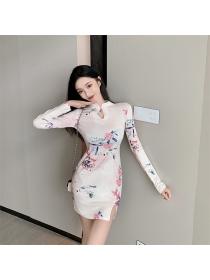 Outlet Printing split retro dress slim autumn cheongsam