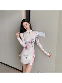 Outlet Printing split retro dress slim autumn cheongsam