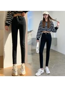Outlet Korean fashion High waist Plain Skinny stretch jeans 