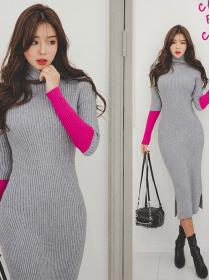 Korean Style Open Fork Color Matching Knitting Dress
