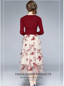 Outlet Retro Europe Knitting High Waist Flowers Embroidery Dress