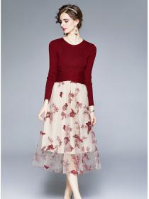 Outlet Retro Europe Knitting High Waist Flowers Embroidery Dress