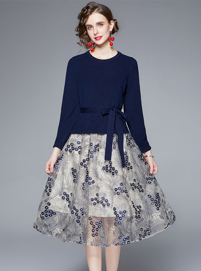 Outlet Europe Autumn Knitting Tops with Flowers Gauze Skirt