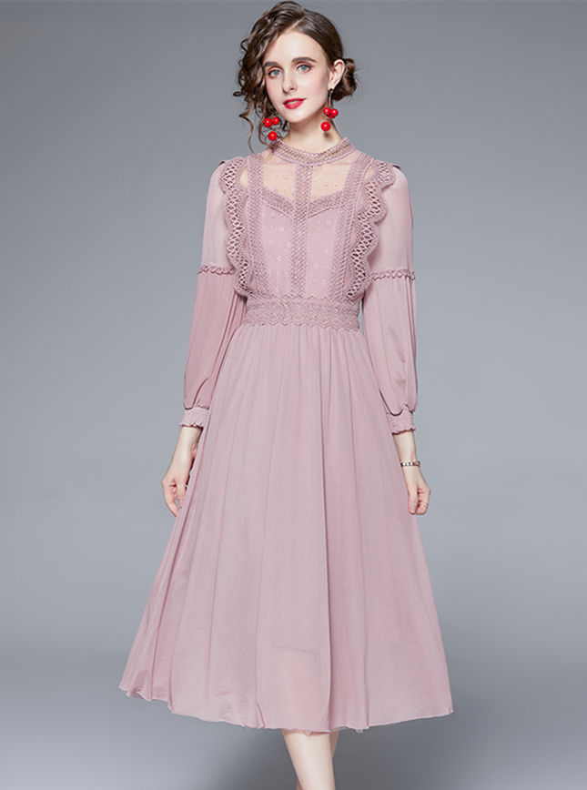 Outlet Europe Stylish Lace Splicing High Waist Chiffon Long Dress