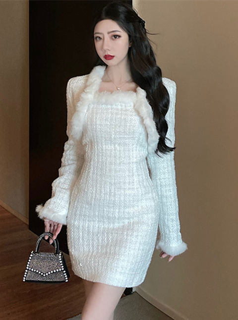 Outlet Modern Sexy 2 Colors Fur Coat with Tweed Slim Strapless Dress