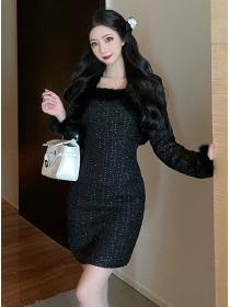Outlet Modern Sexy 2 Colors Fur Coat with Tweed Slim Strapless Dress
