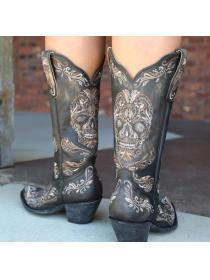 Outlet New winter high tube women's black skull embroidery printed rubber shoes with pointed toe fashion boots