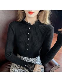 Outlet Preppy Fashion 4 Colors Lace Collar Knitting T-shirt