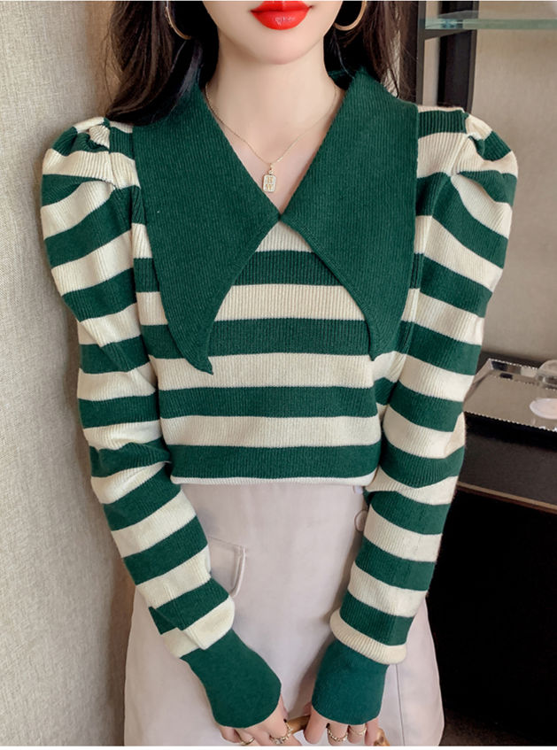 Outlet Preppy Fashion 2 Colors Doll Collar Stripes Knitting T-shirt