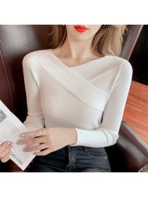 Outlet All Match 4 Colors Boat Neck Knitting Long Sleeve T-shirt