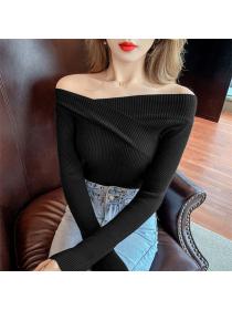 Outlet All Match 4 Colors Boat Neck Knitting Long Sleeve T-shirt
