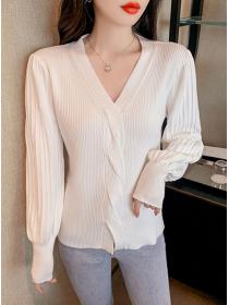 Outlet Wholesale 2 Colors V-neck Twisted Puff Sleeve Knit Tops