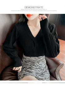 Outlet Wholesale 2 Colors V-neck Twisted Puff Sleeve Knit Tops