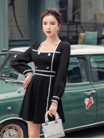 New Style Show Waist Button Matching Slim Dress